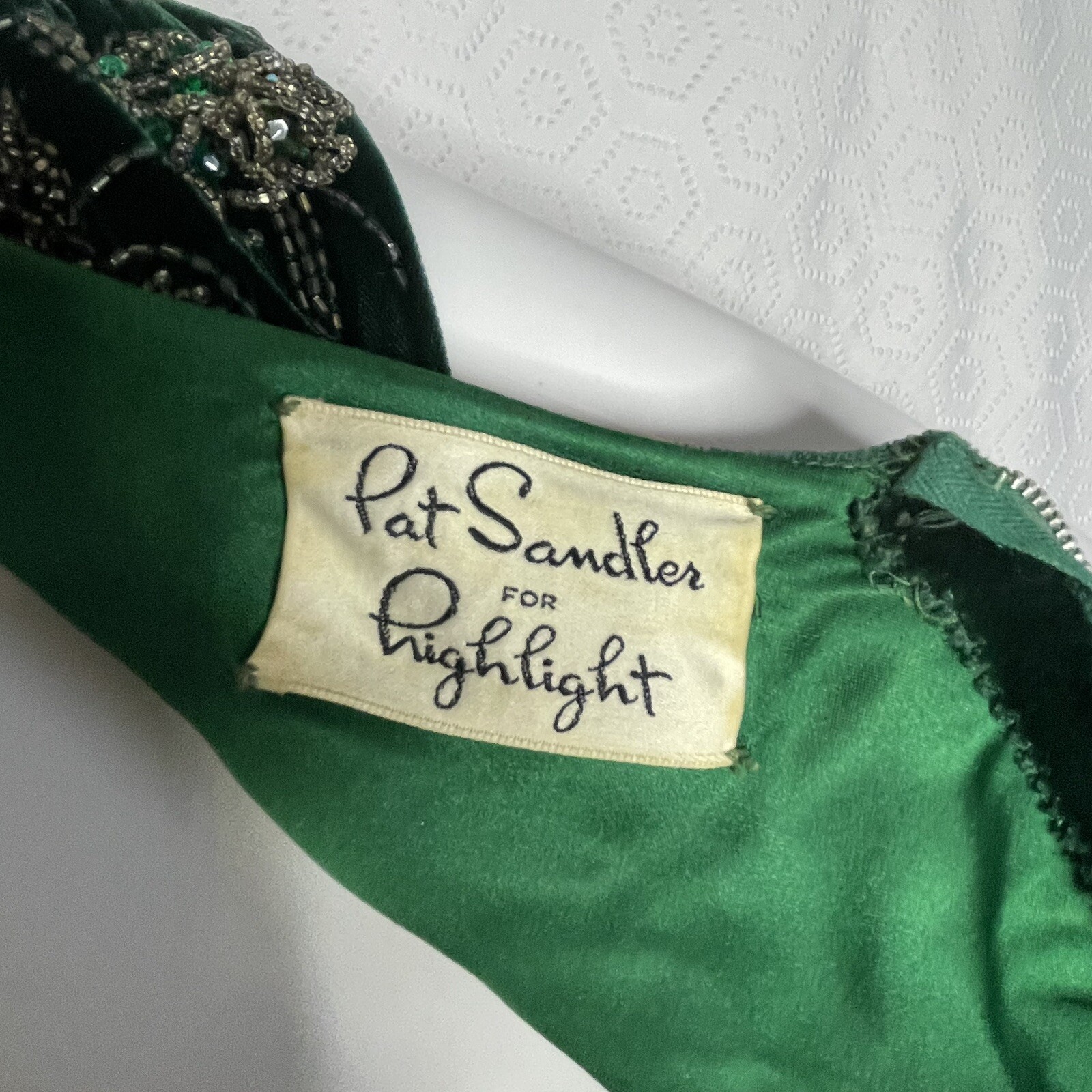 Vintage 60s Beaded Satin Velvet Gown Dress Pat Sandler For Highlights Green S