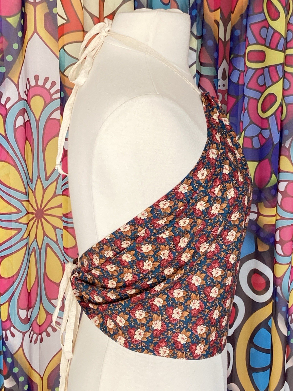 Vintage Red & Navy Floral Ditsy Calico Festival Hippy Halter Top M/L