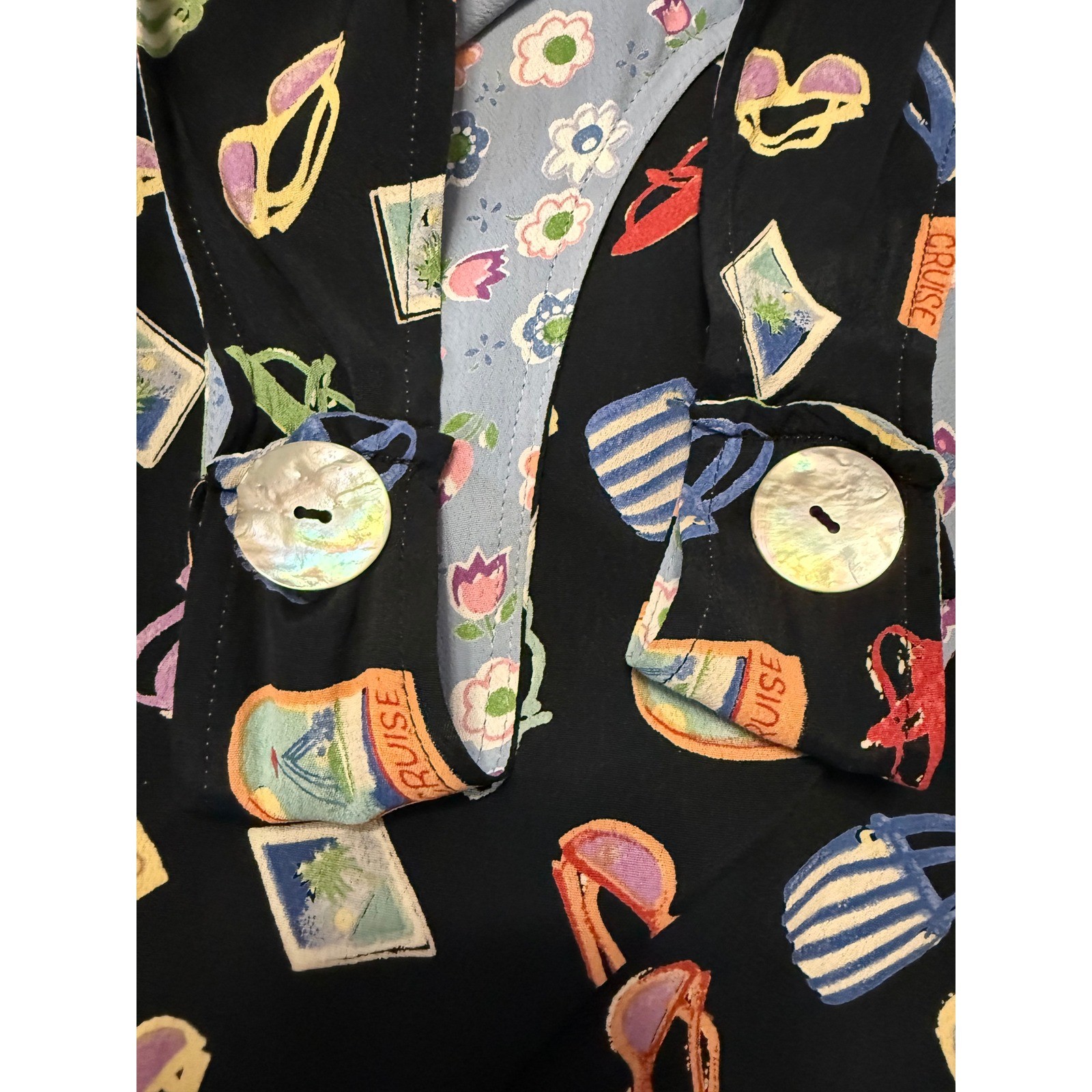 Jenny Helene Vintage Vacation Novelty Print Maxi Dress Floral Pocket Black L