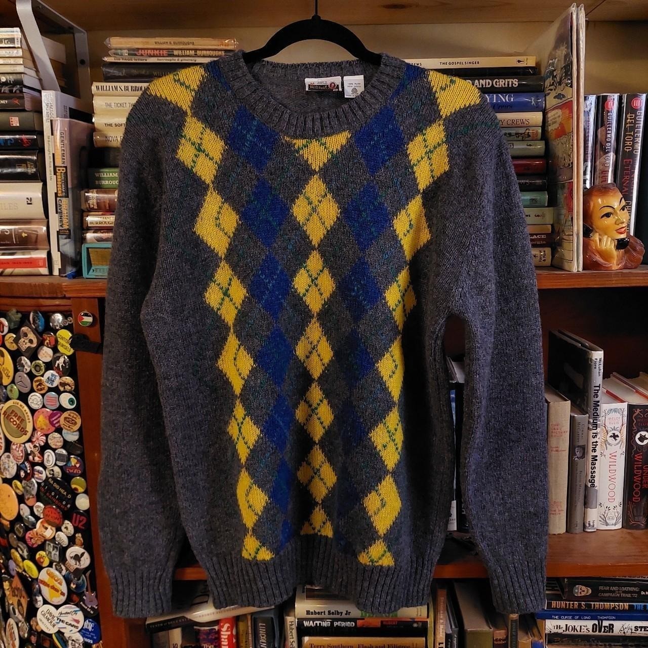 Vintage grey, yellow, blue, and green 100% wool made in england argyle sweater.