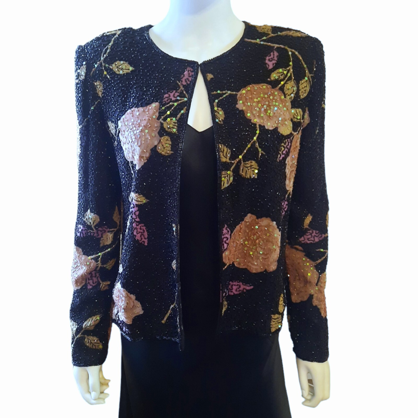 Vtg ANDRETTA DONATELLO Beaded Floral Print Silk Chiffon Jacket Sz M…