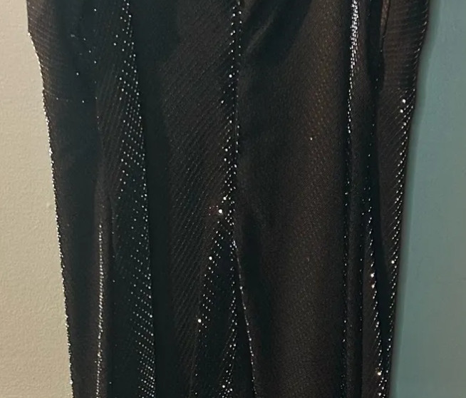 Vintage Evening Dress by De Laru, Black & Silver Metallic with Ruffles, Size 32-34