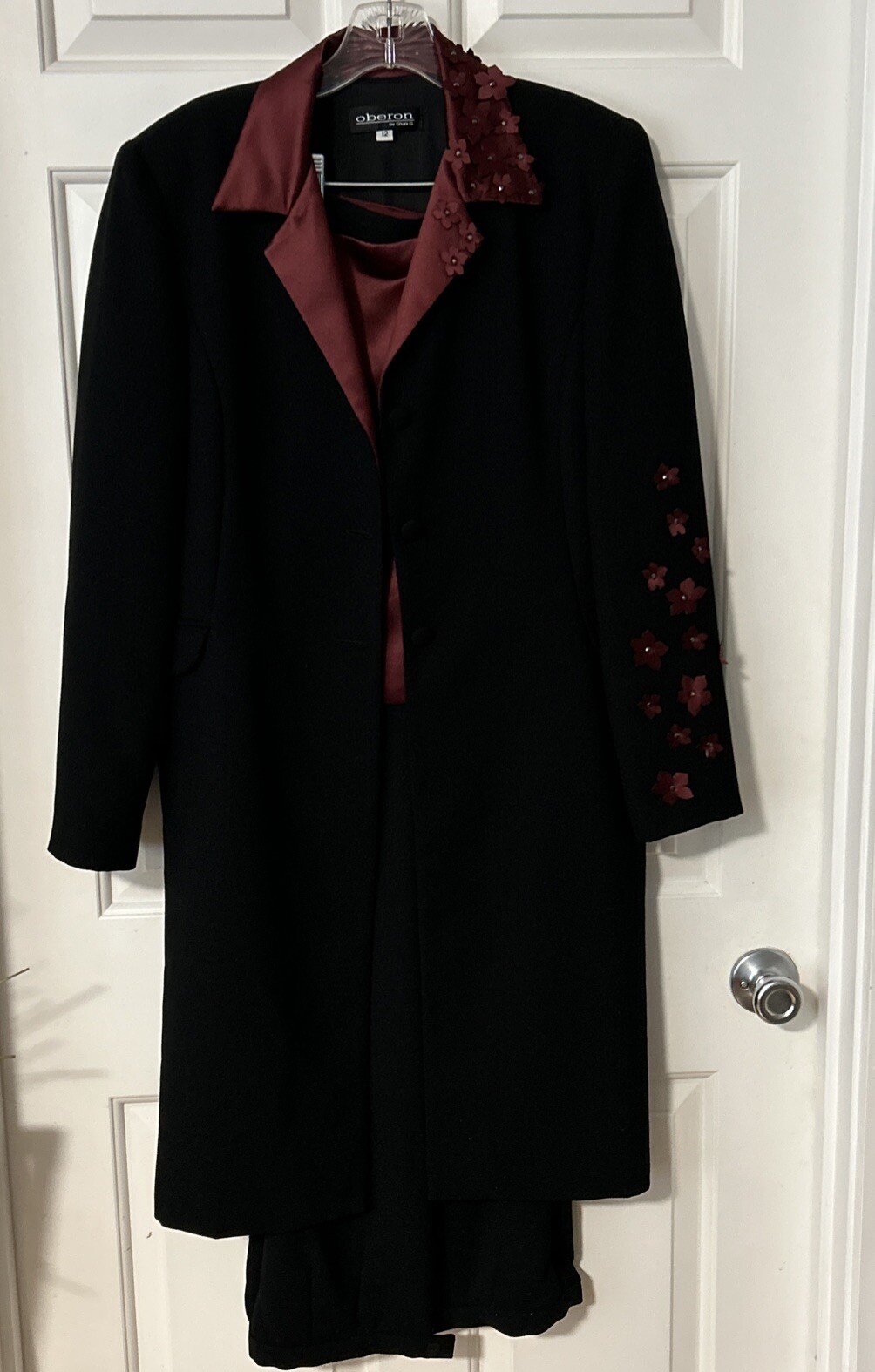Vintage Oberon By Shani G 3piece Black Burgundy Flower Pant Suit Size 12