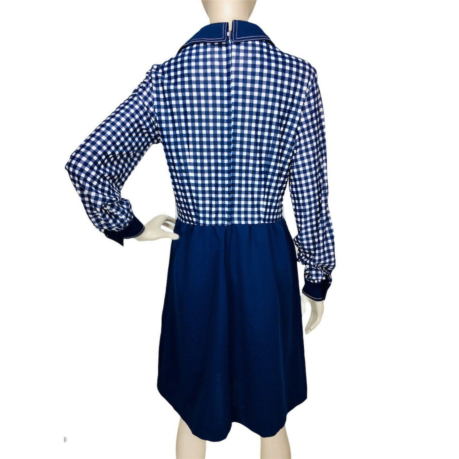 Vintage 60s MOD Academia Blue White Gingham Peekaboo A-Line Dagger Collar Dress