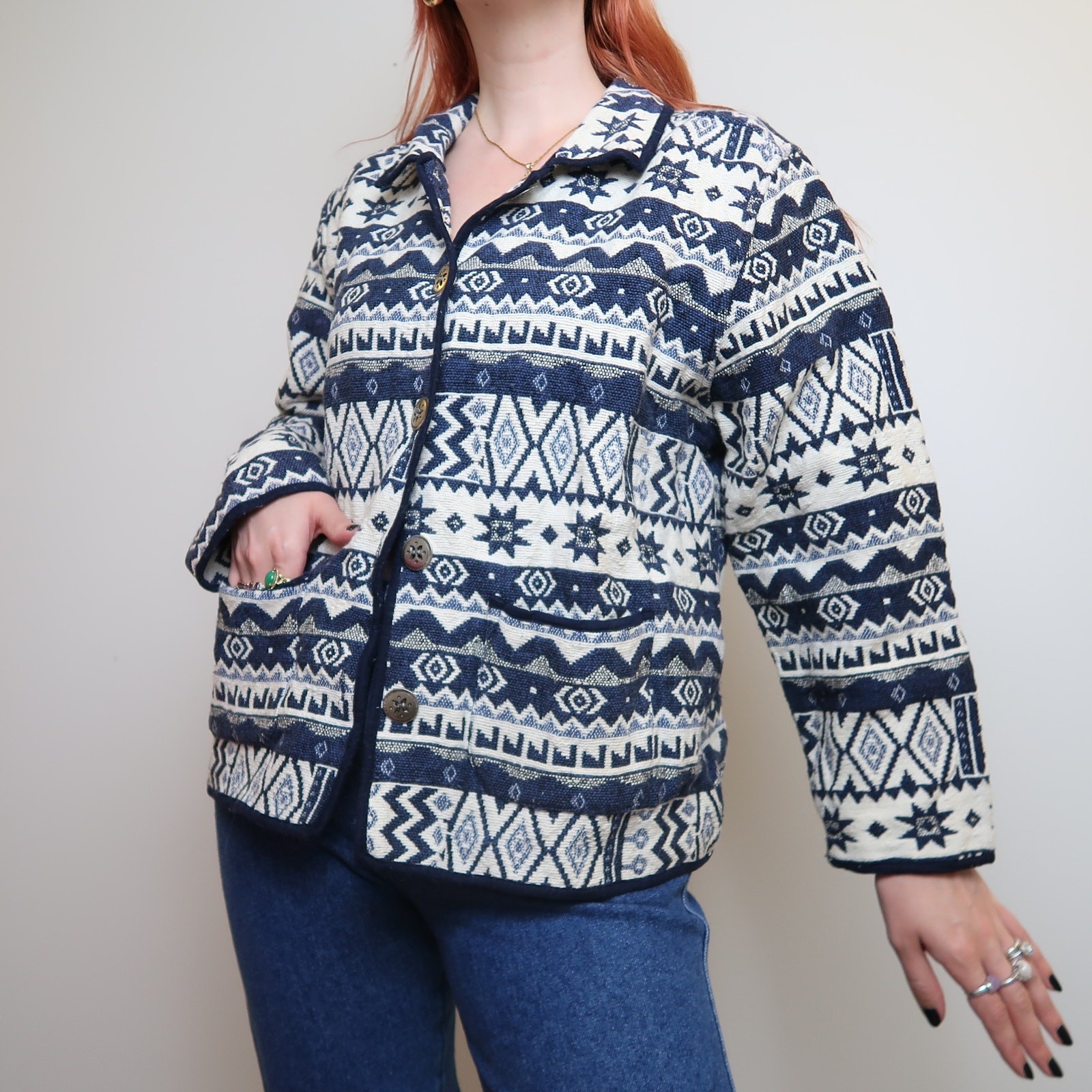 Vintage 90s blue and cream tapestry jacket coat 1X