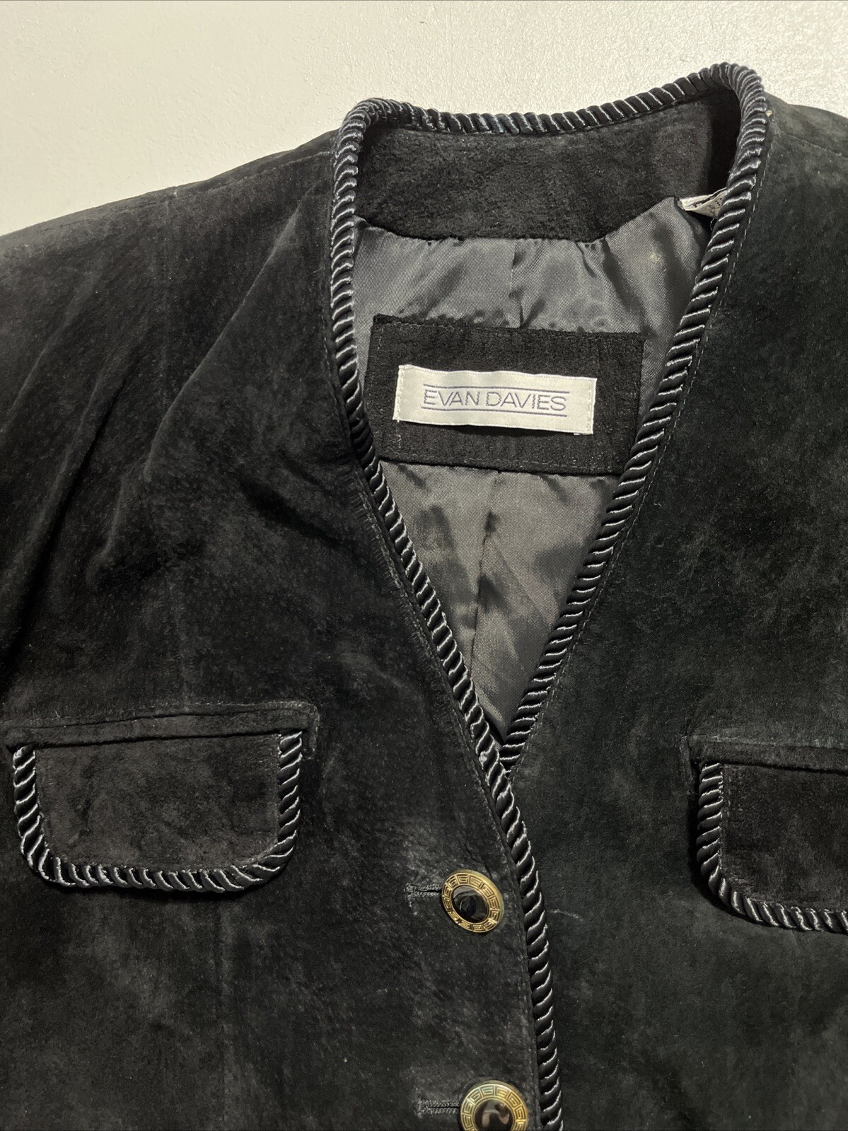 Vtg Evan Davies Suede Button Front „Chanel Old Money” Look Jacket Black Sz 6