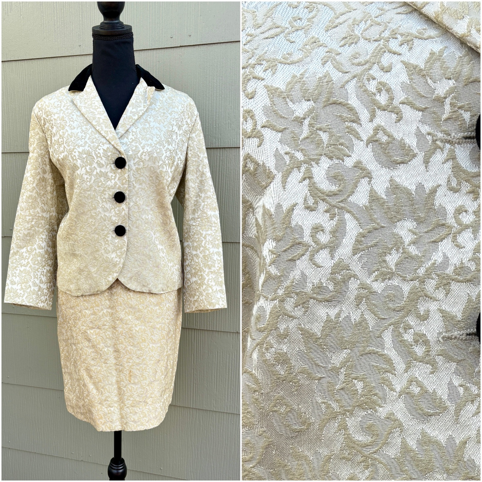 vtg REID & REID 40s 50s Old Money Brocade Velvet Collar Jacket Skirt Suit Set