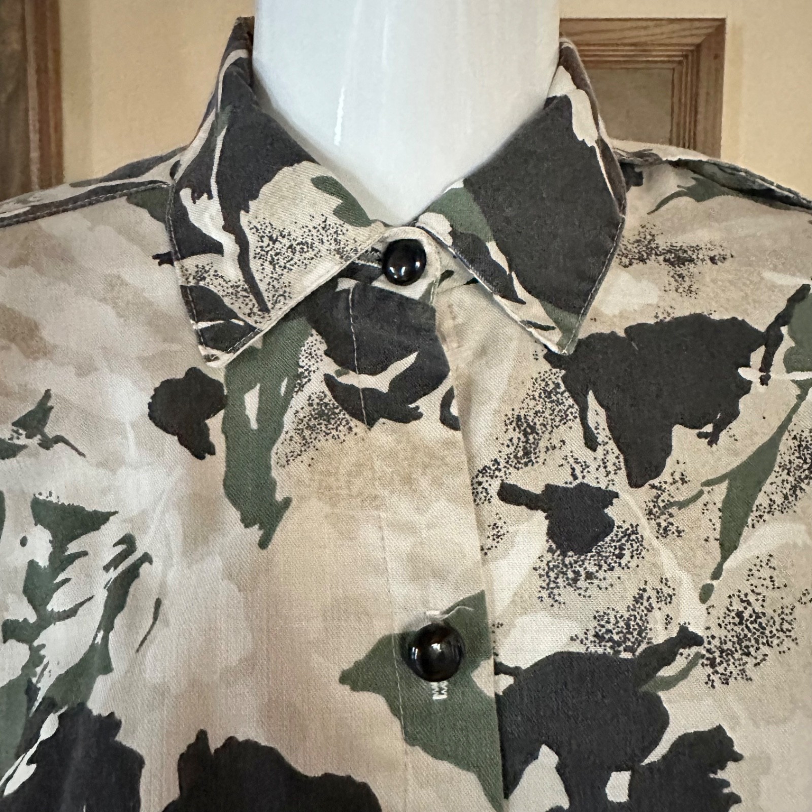 Vintage 1980s New Wave Camo Print Shirtwaist Uniform Military Day Dress M