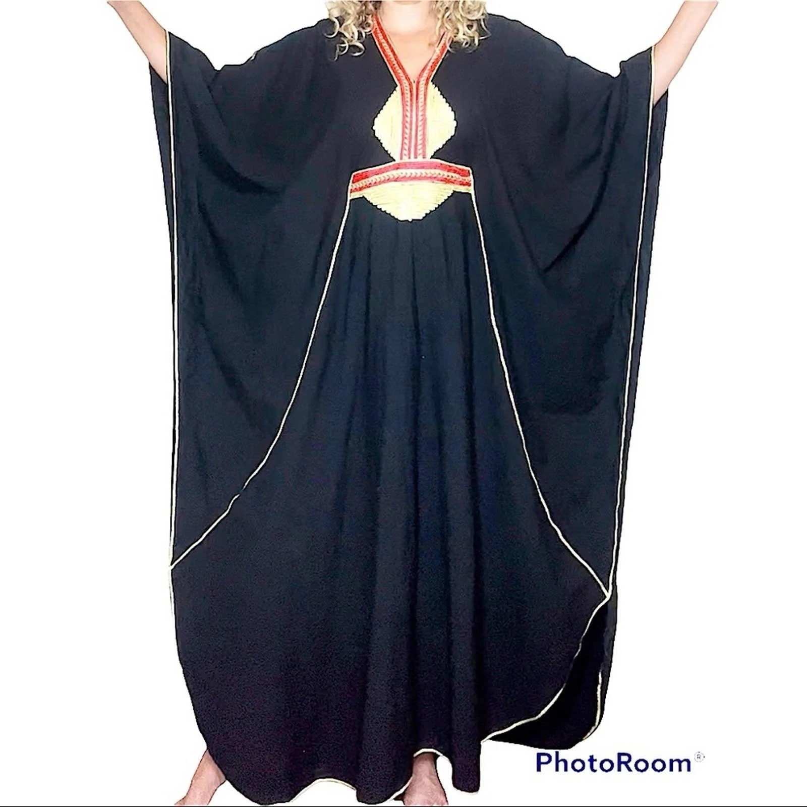J Peterman Vintage 1990 Black Embroidered Moroccan Style Cotton Kaftan OS