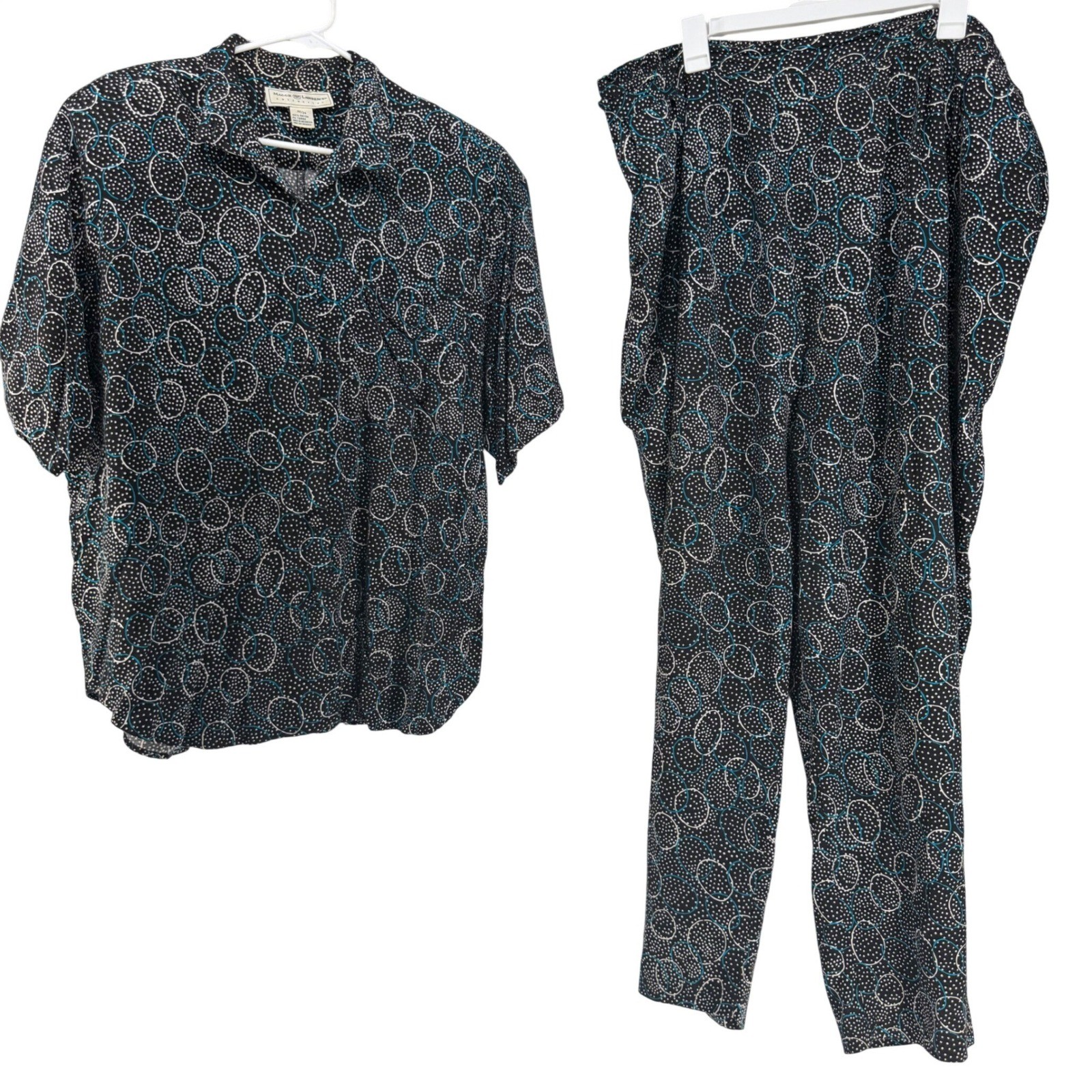 VTG Maggie Lawrence Pant Set Womens 2X/3X Black Teal Button Up 90s Art Polka Dot