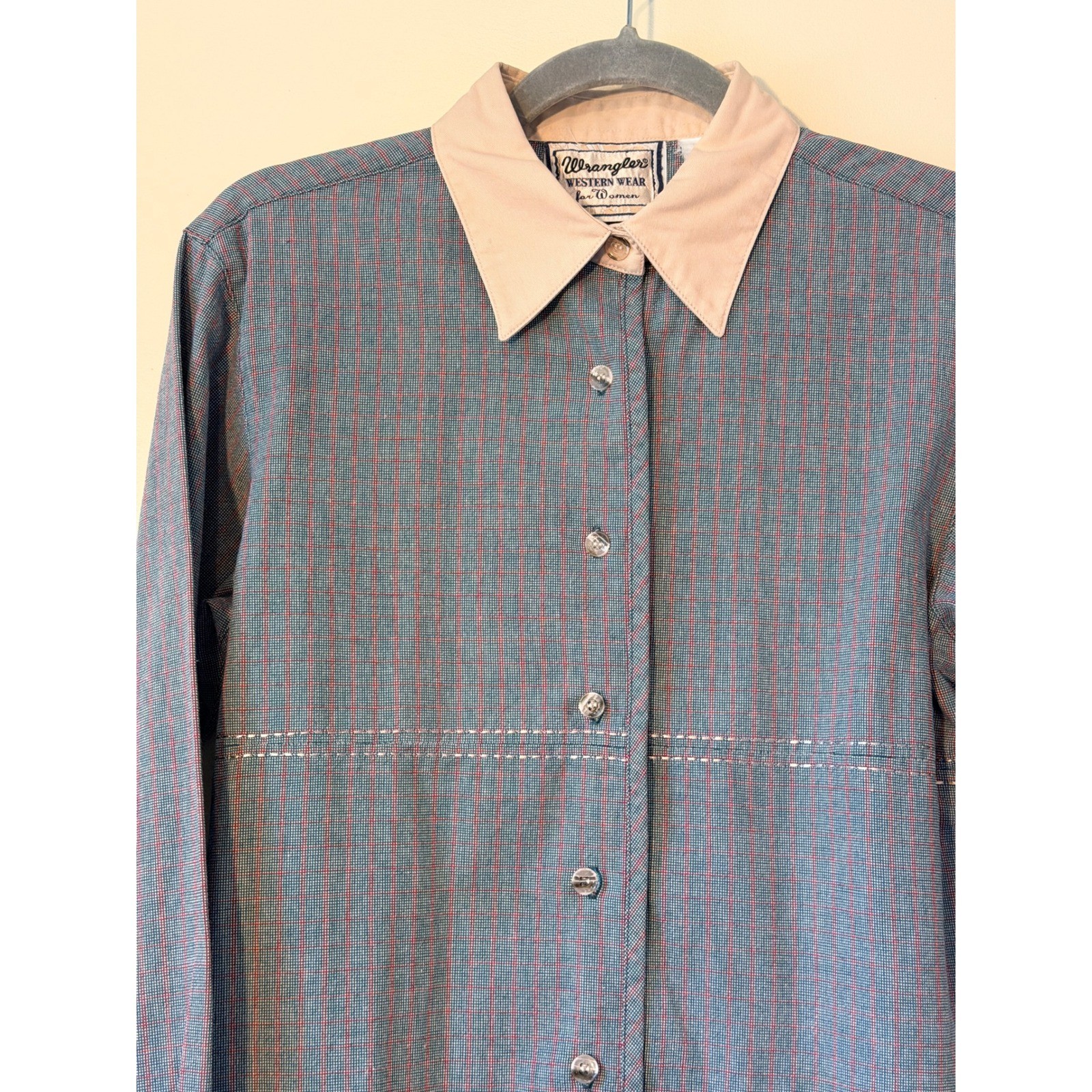 Vintage Wrangler Women’s Plaid Teal Red S Western Cowgirl Retro Button Up Shirt