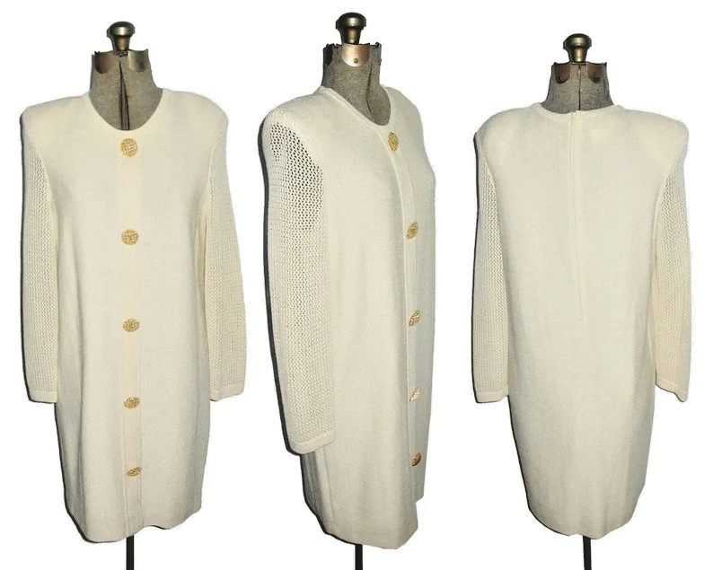 VTG Scaasi Cream Big Gold Buttons Jersey Crochet Mesh Stitch Knit Short Dress