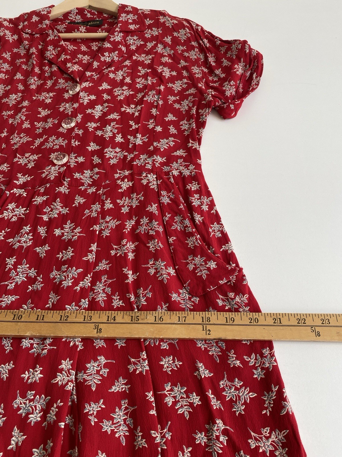 Vintage 90s Autumn Moon S M Rayon Belted Dress Pockets Red Floral USA Retro 50s