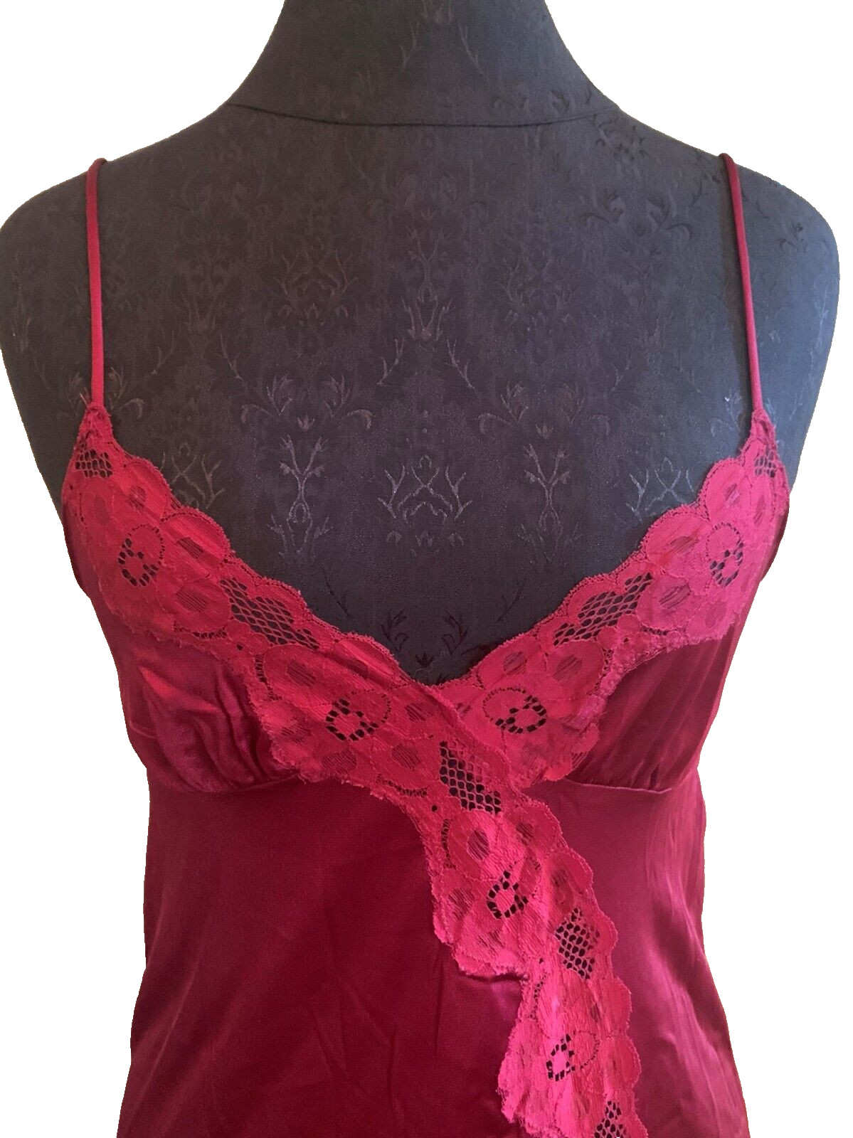 Vtg Flair for B. Altman Burgundy Nylon Nightgown Lace Front Slit Union Sz 34
