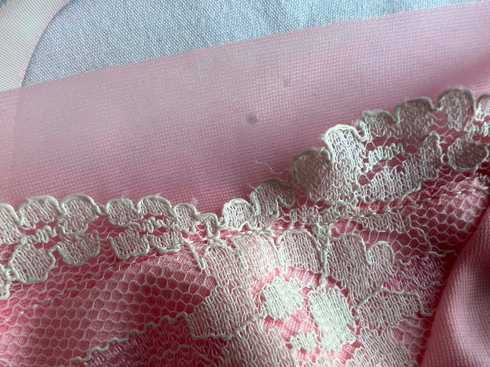 Vintage 50’s Pink Nylon Satin Slip/ Nightgown/ Lace Trim- Sz. 38