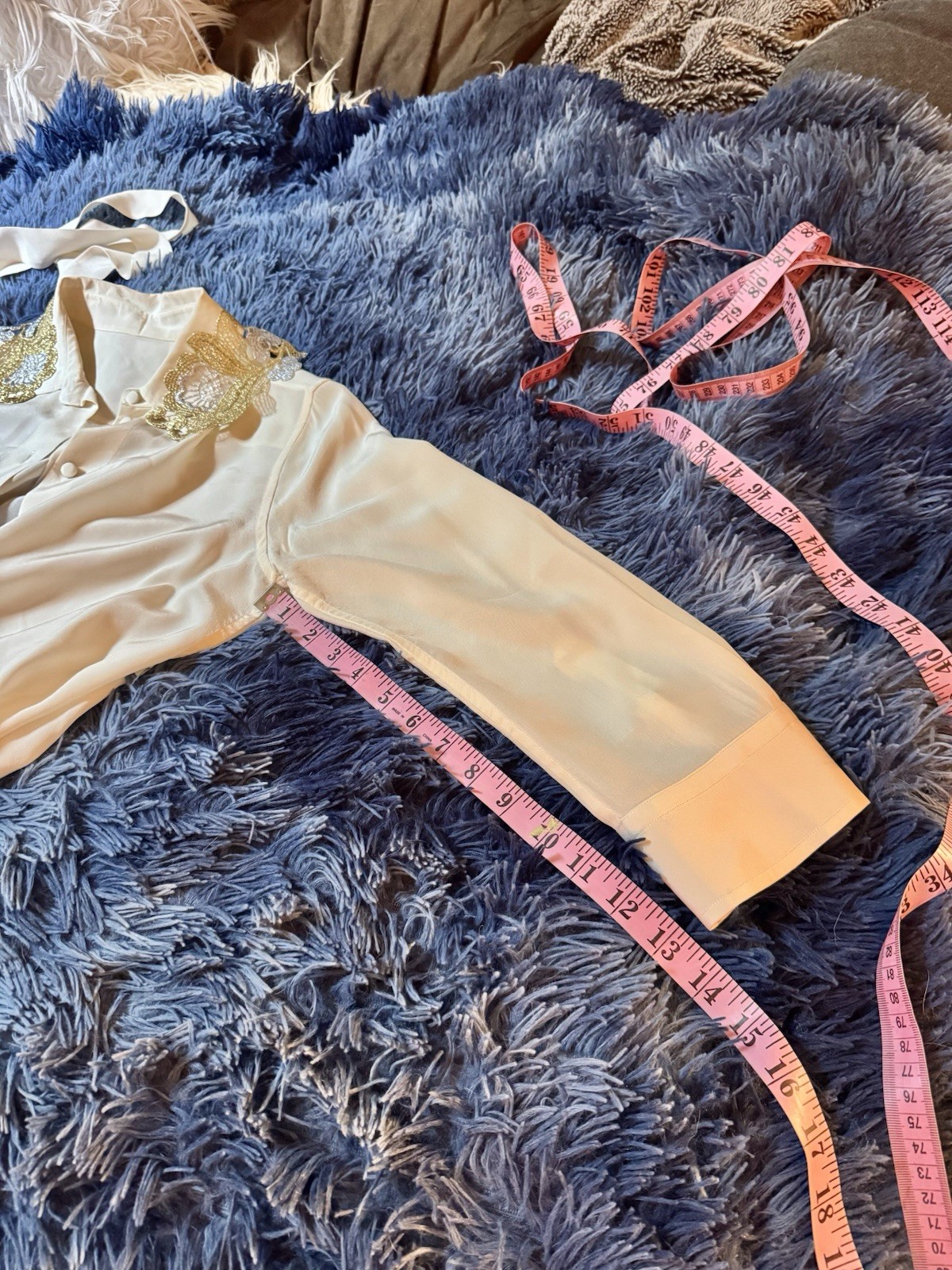 Vtg Silk Ivory Off White Blouse Gold Silver Collar Shirt Top Covered Buttons XS