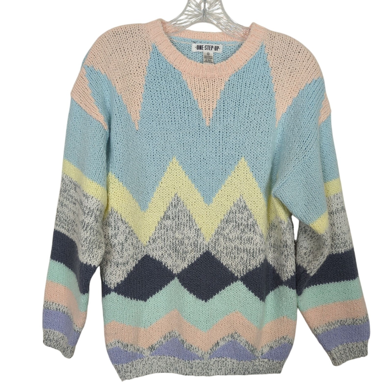 Vintage One Step Up Chevron Pattern Sweater Medium Acrylic Knit
