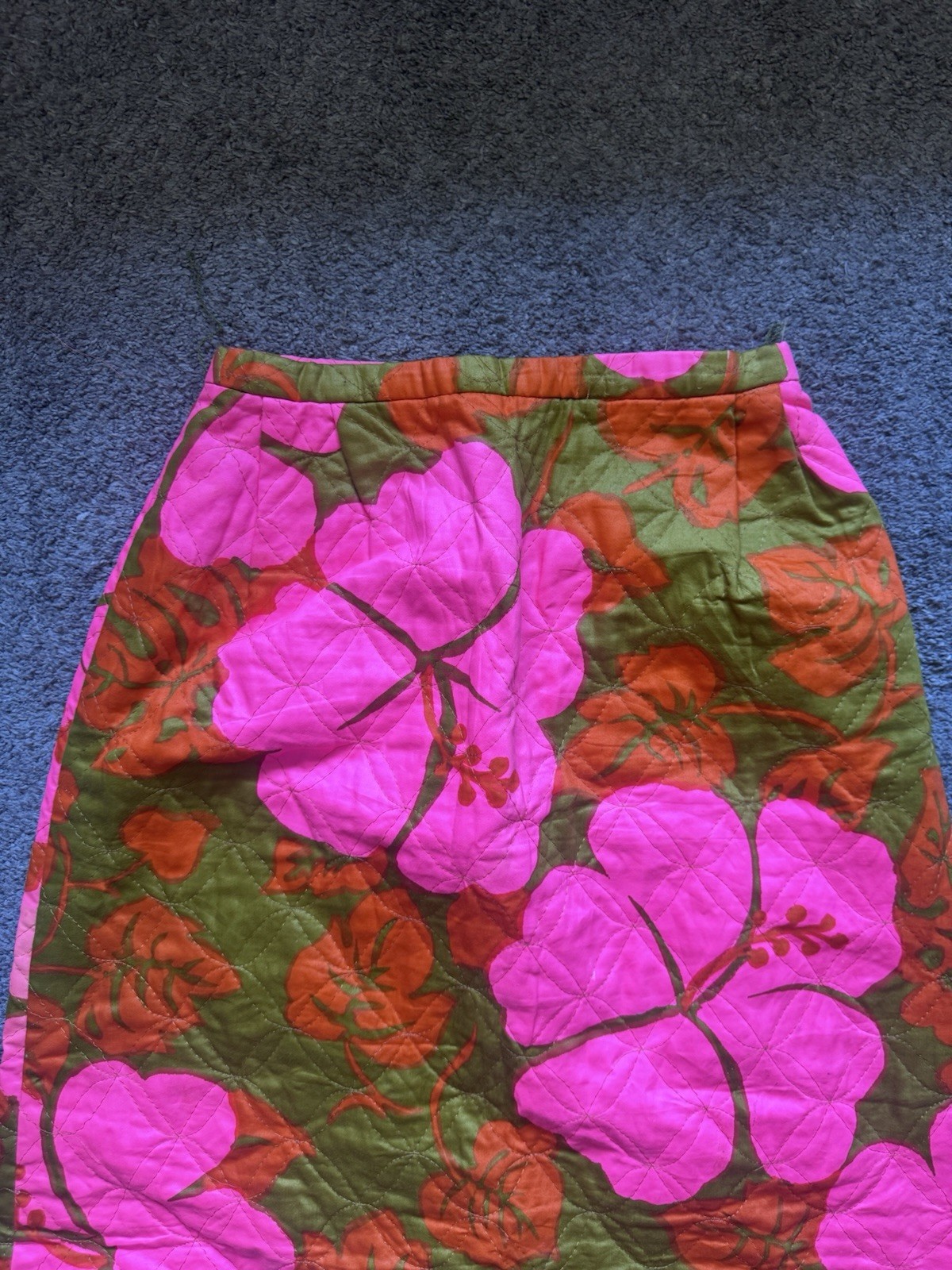 Vtg 60s 70s Phil Rose of California Quilted Maxi Skirt Pink Hibiscus Tiki Retro