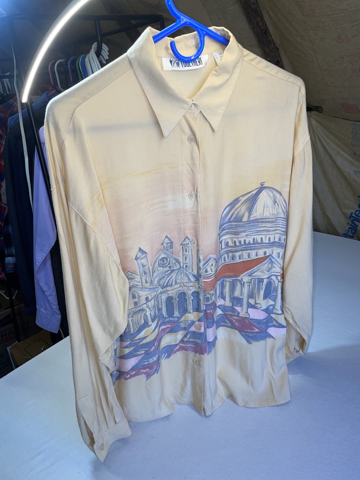 VTG 90s TOGETHER! Rayon Art To Wear Shirt Skyline European Mediterranean Sz M-L