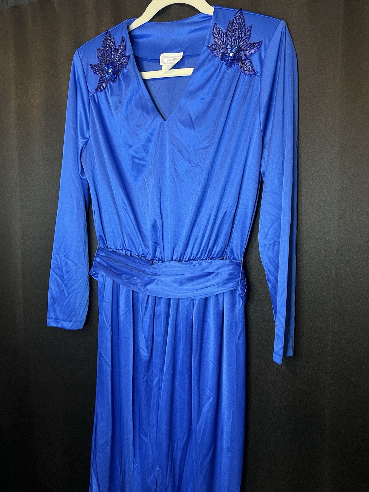 VTG Impromptu Belted Satin Chic Blue Dress Embellished Bejeweled Floral Accents