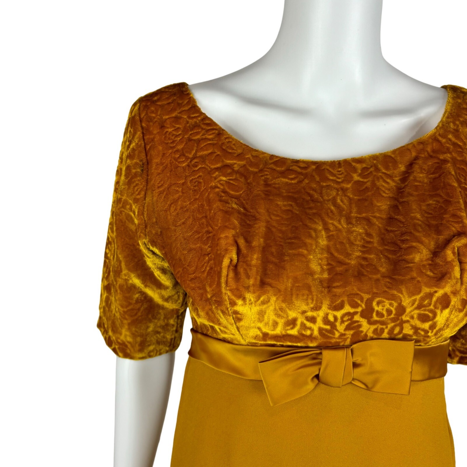 Vintage 60s Formal Dress Women’s Extra Small Mustard Yellow Velvet Maxi