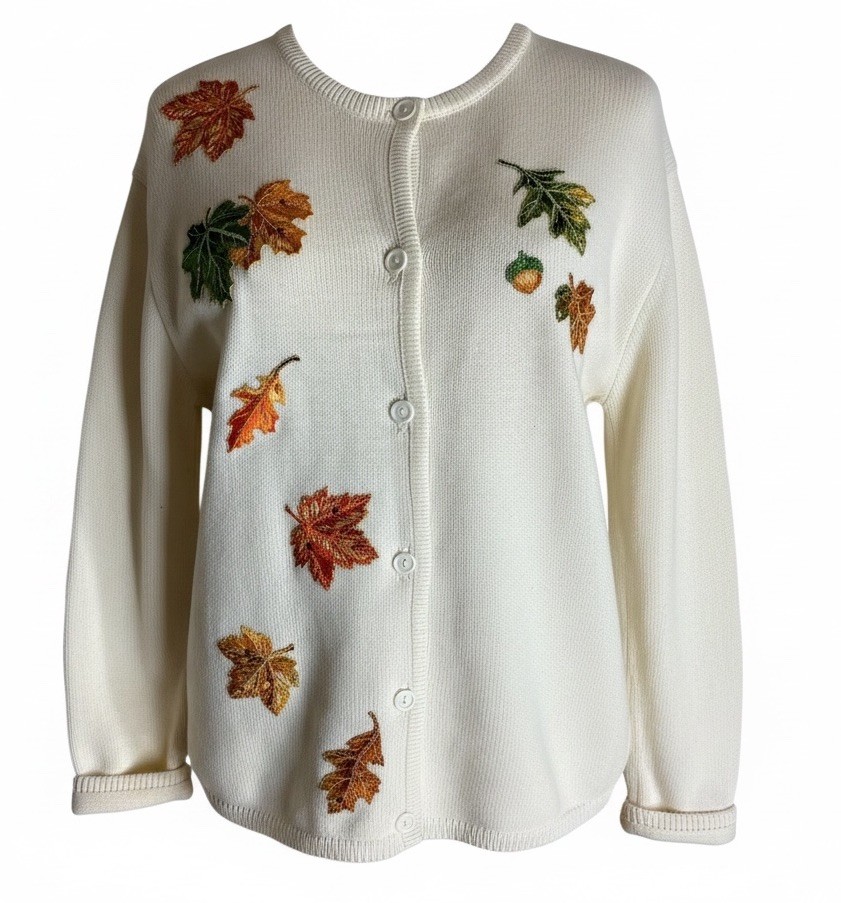 Ladies Ivory Color TIA Button Down Cardigan 100% Cotton Fall Leaves Appliqué Med