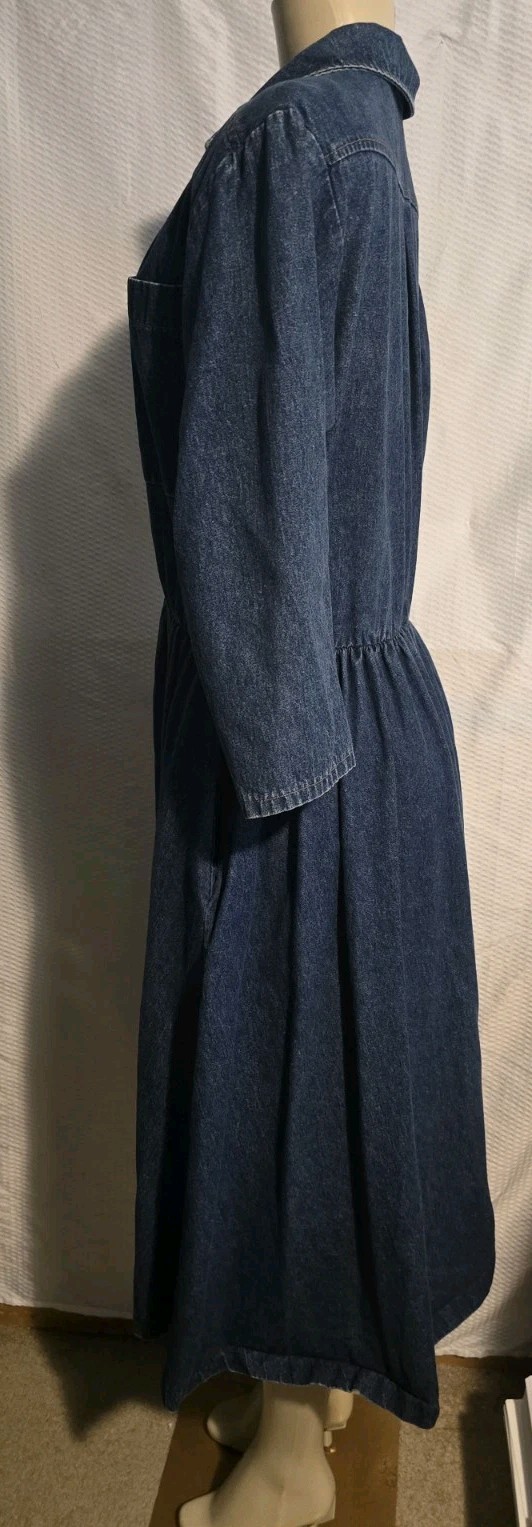 VTG 80s Long Denim Dress Western Style Snap Front 3/4 Sleeve Made USA Size M/L