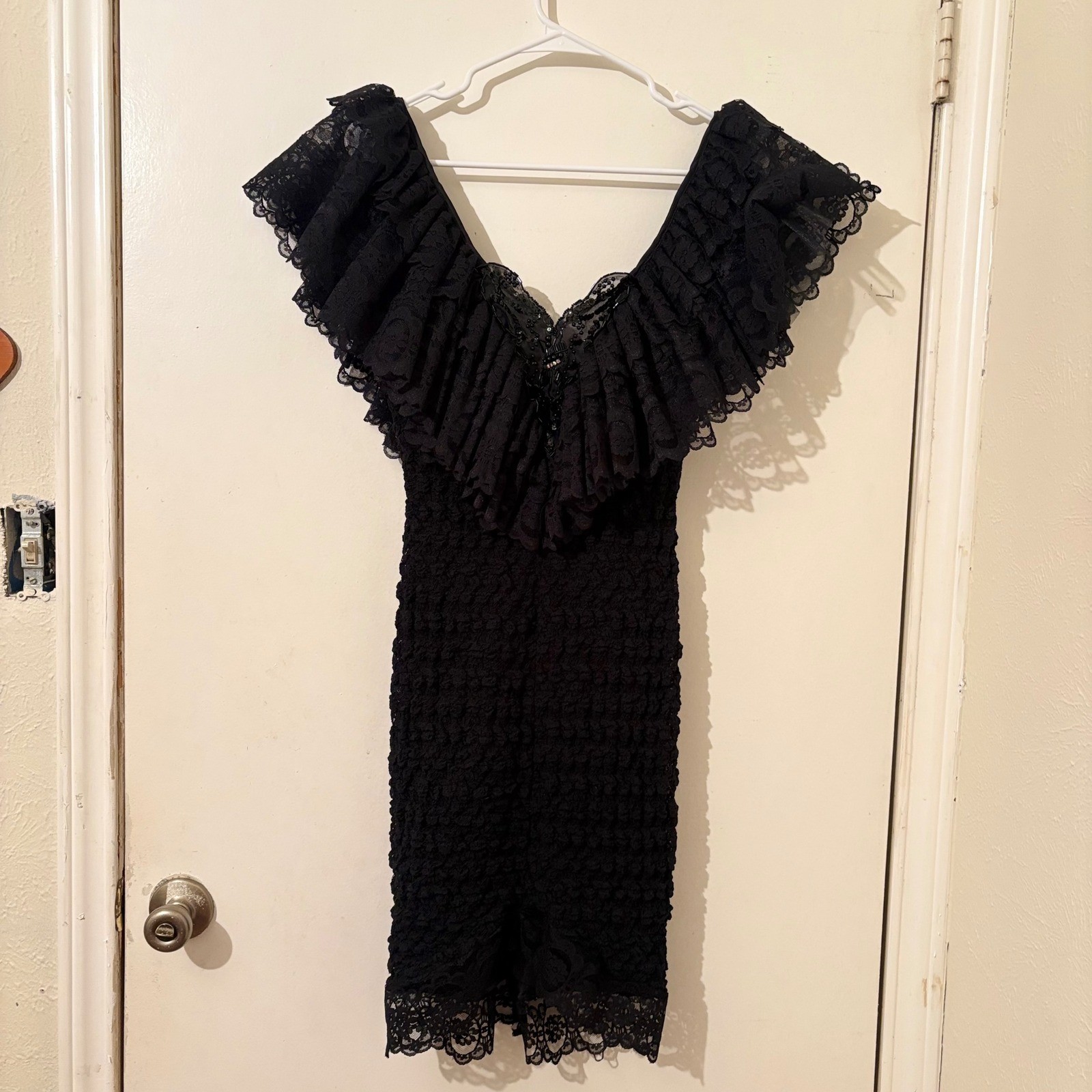 Vintage 80s Black Lace Ruffle Off Shoulder Beaded Bodycon Dress Whimsigoth Sz S