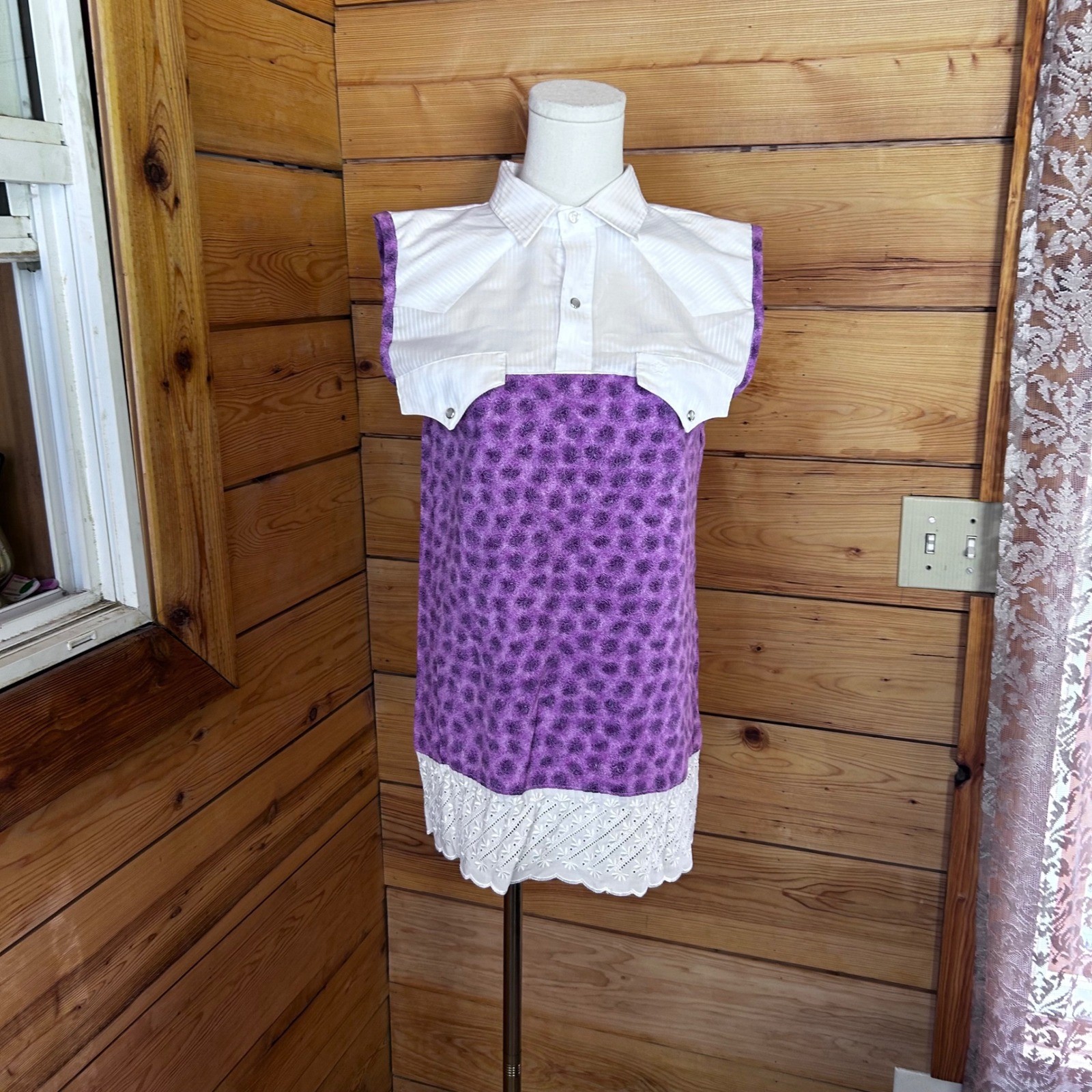 Vintage Western Shirt Dress Womens Medium Purple Floral Upcycled OOAK Lace MWG
