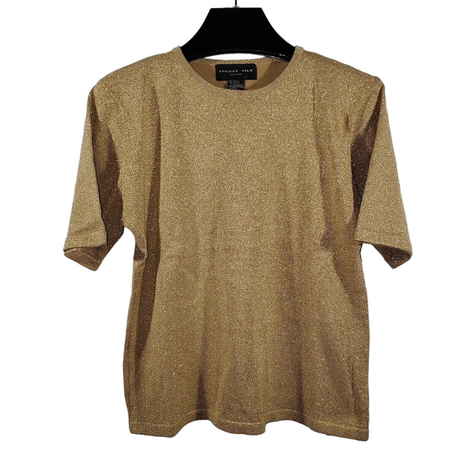 VTG 90s August Silk S/S T-shirt Top Women’s M Petite Metallic Gold Glittery
