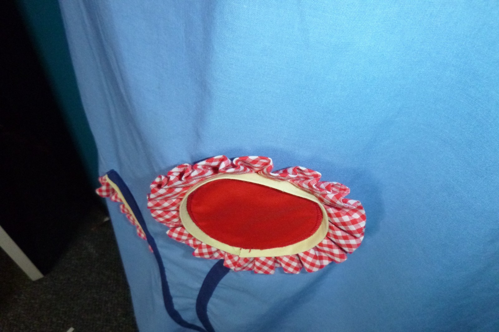 Vtg 60s Charmode House Dress Shift Blue W/ Red Gingham 3D Flower & Trim Sz S/M