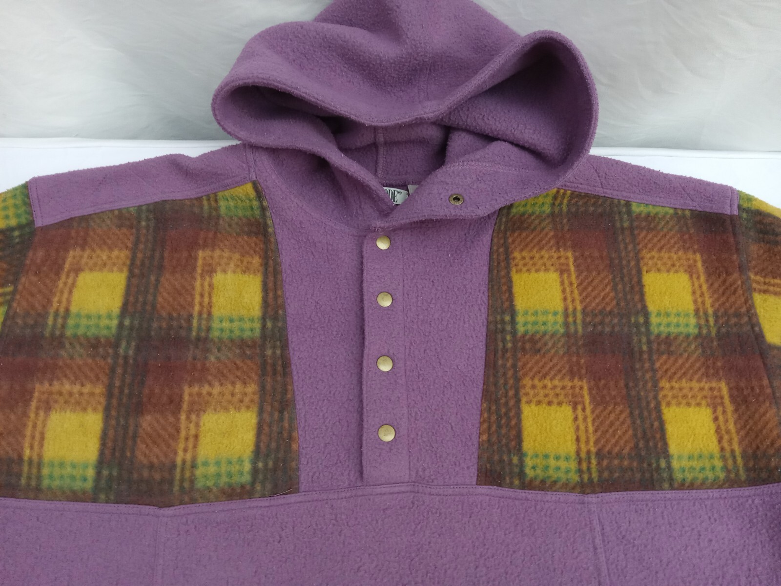 Vintage 1980s ZIP CODE Hoodi Women M Fleece Purple Plaid Embroidered Logo Back