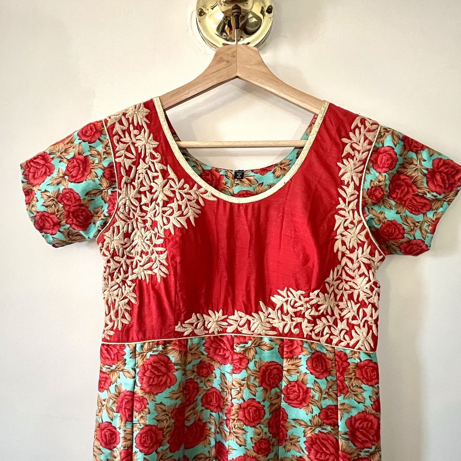 Vintage Indian Cotton Dress Artisan Floral Block Print Embroidered