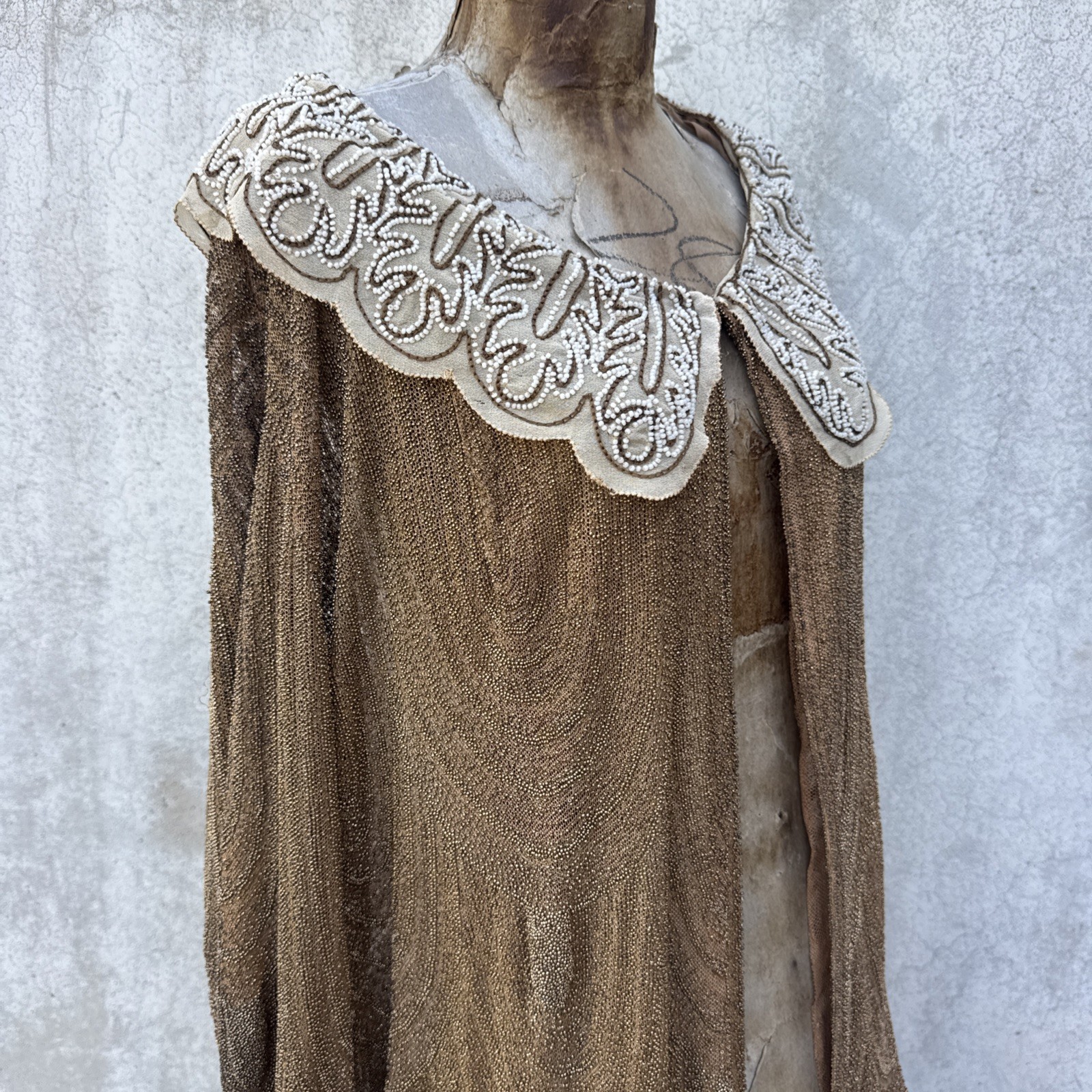Antique 1920s Completely Beaded Gold Coat Scalloped Hem Art Deco Net Vintage