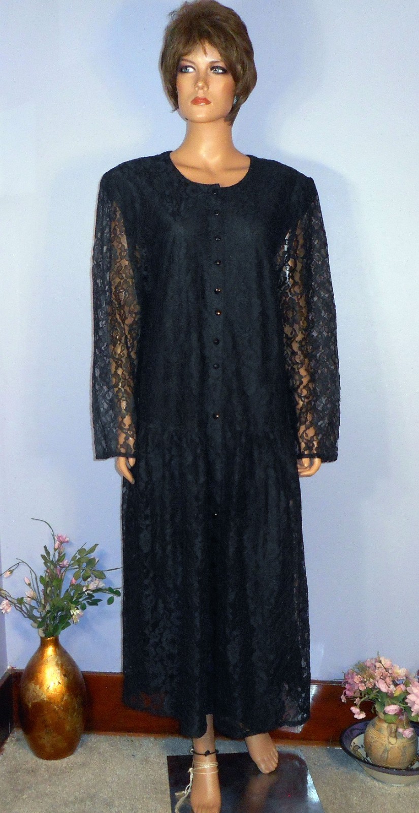 Vtg ‘80s Witchy Lacy Kathyrn Deene Dress w Drop Waist & Shoulder Pads, 22
