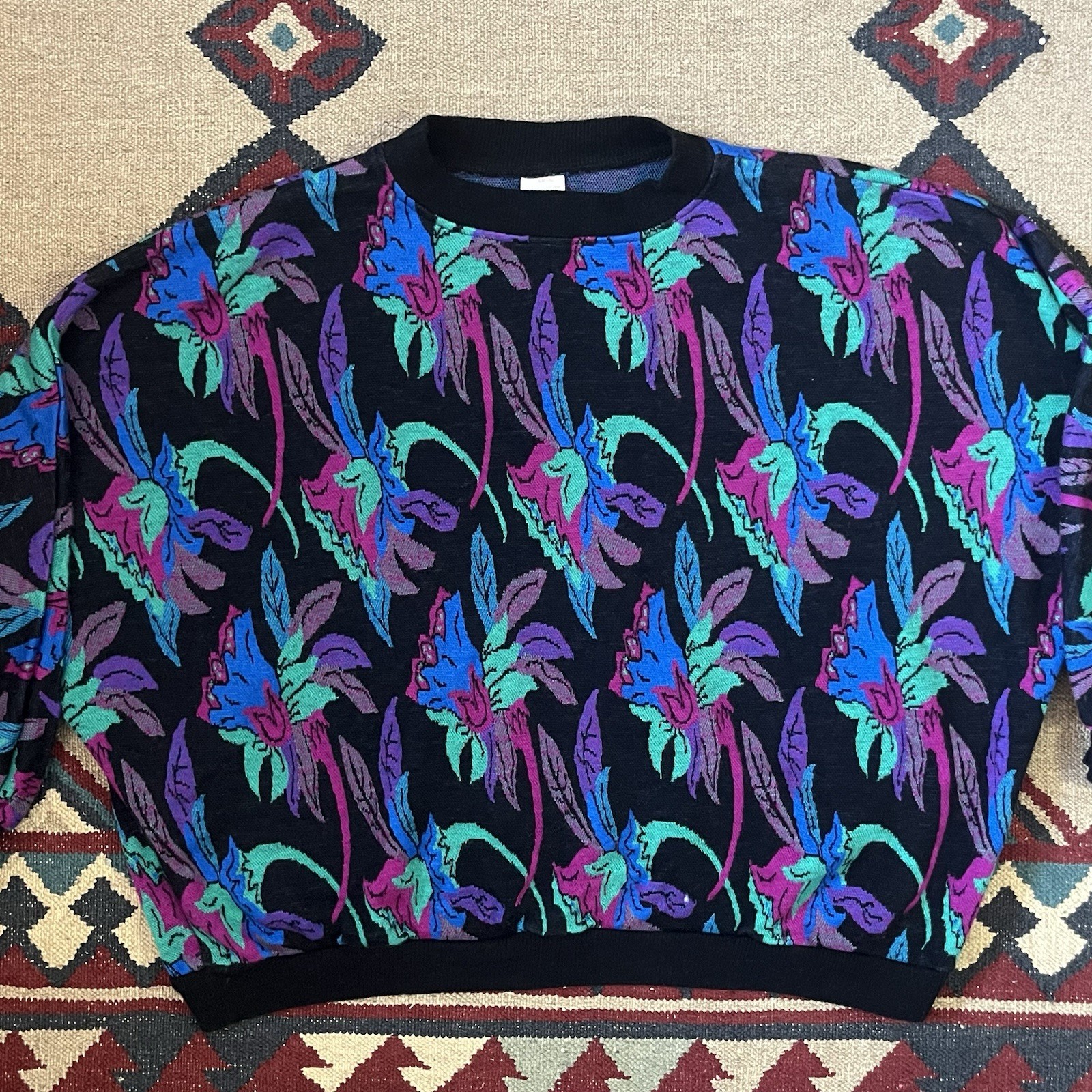 Vintage 80s Floral Dolman Batwing Sweater Women’s XL Acrylic Pullover