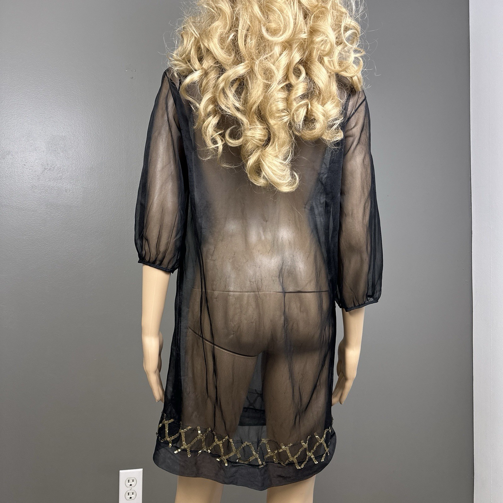 Vintage Movie Star Sheer Black Nylon Boudoir Peignoir Overgown Dress Large USA
