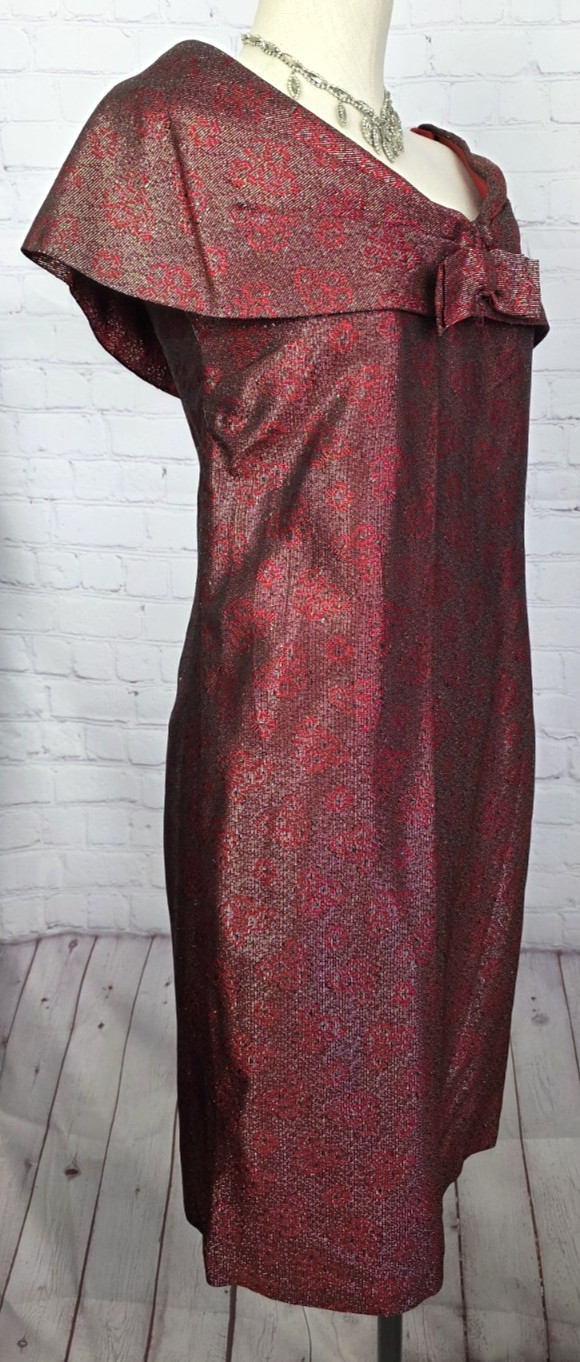 Vintage 60’s Sheath Cocktail Dress Red Gold Metallic Bow Elegant Luxury Glam S/M