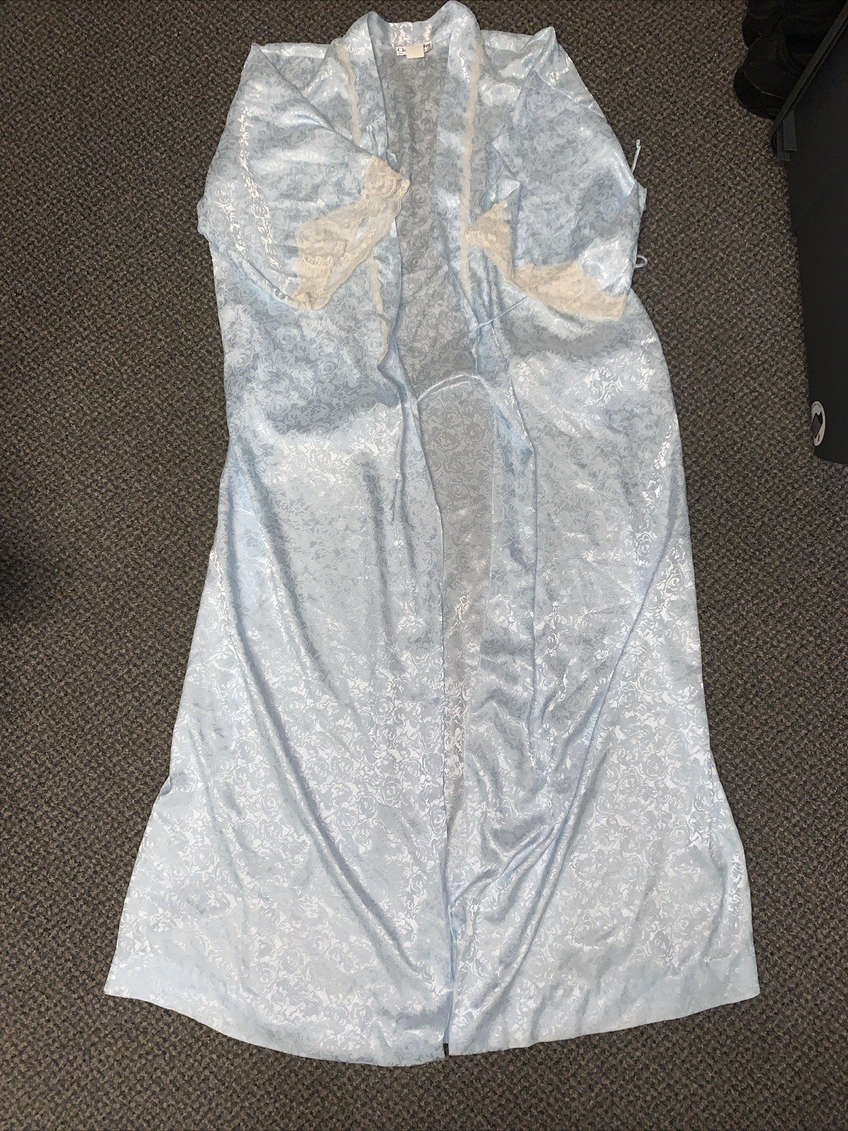 Vintage Christian Dior Lingerie Pastel Blue Floral Jacquard Long Robe Lace Trim