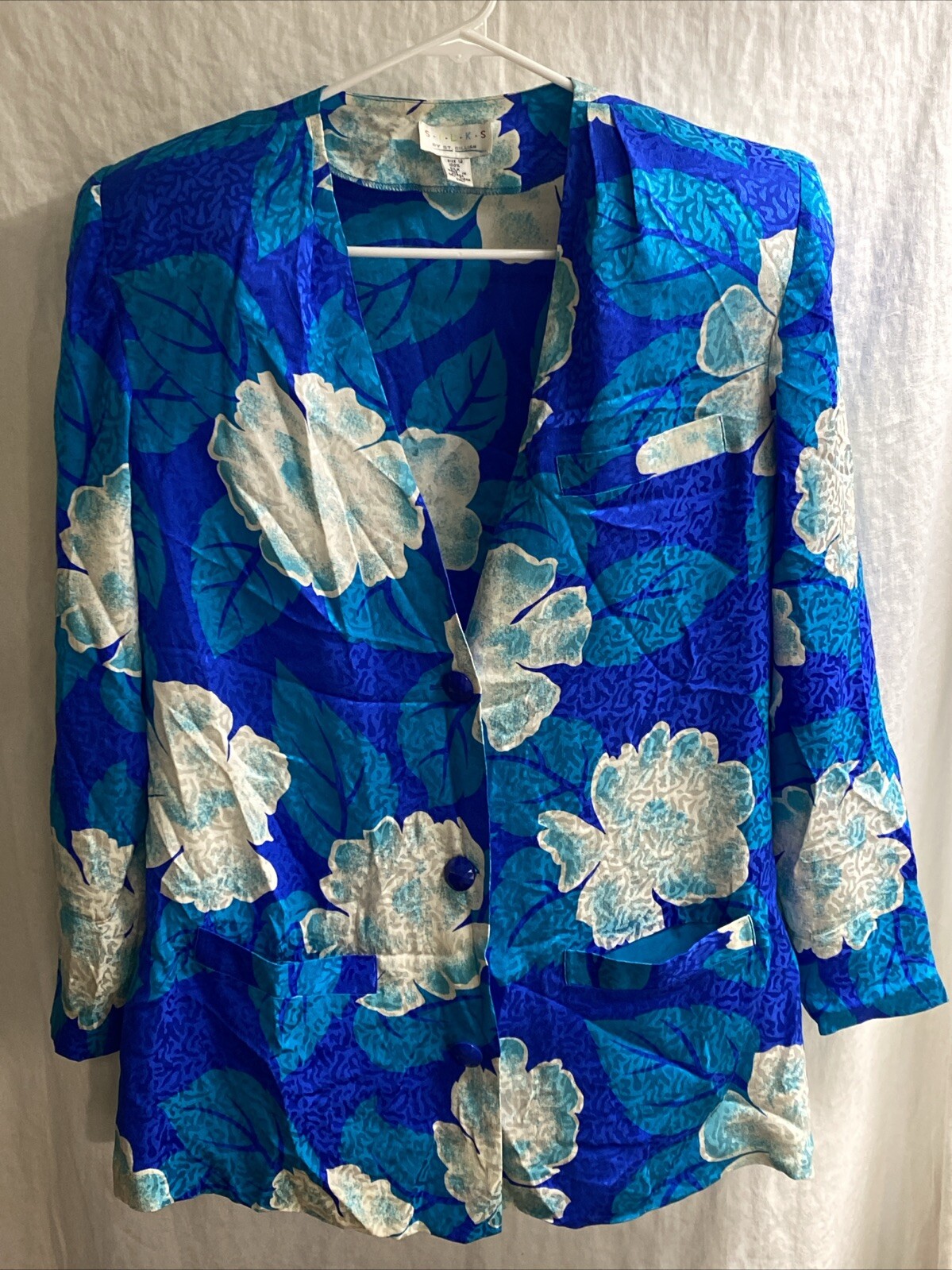 vintage 80s Bright Blue/white/aqua Blouse by S.I.L.K.S St Gillian size 12