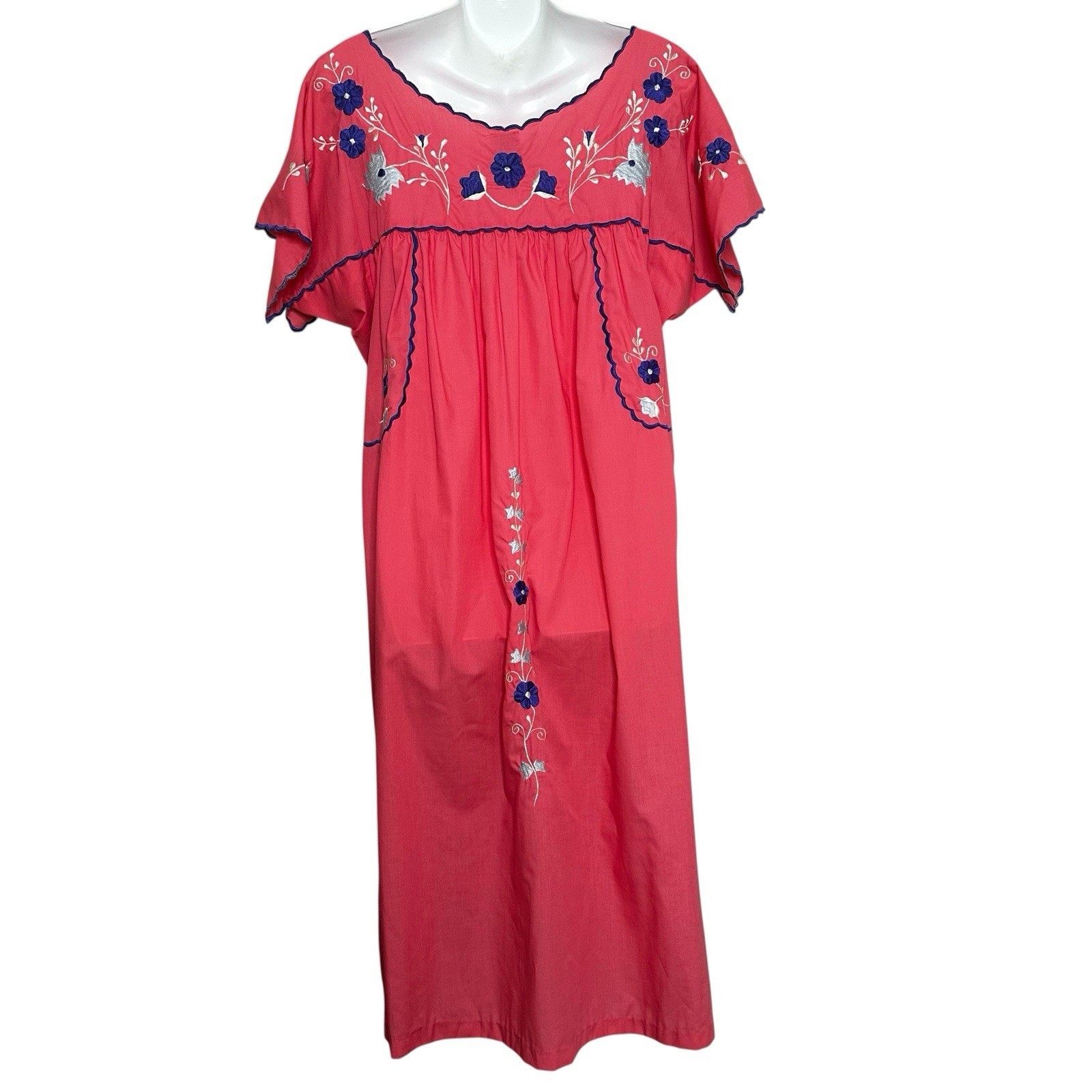 VTG Caro of Honolulu Coral Pink Embroidered Nightgown Evening Wear Dress Boho