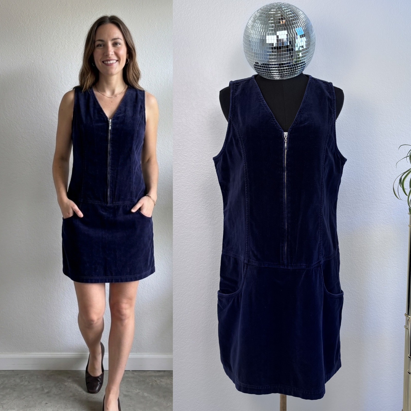 VNTG 90s EXP Jeans by Express Corduroy Zip Front Jumper Dress Sz 11 / Large Blue