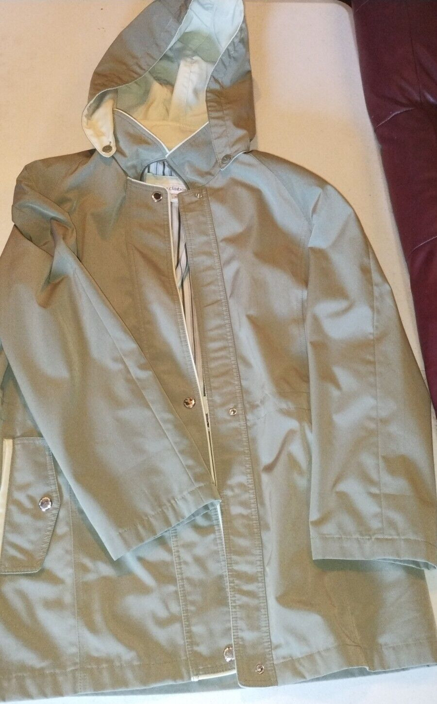 Vintage Liz Claiborne Green Mint/Beige Rain Coat Size Removable Hood Winter