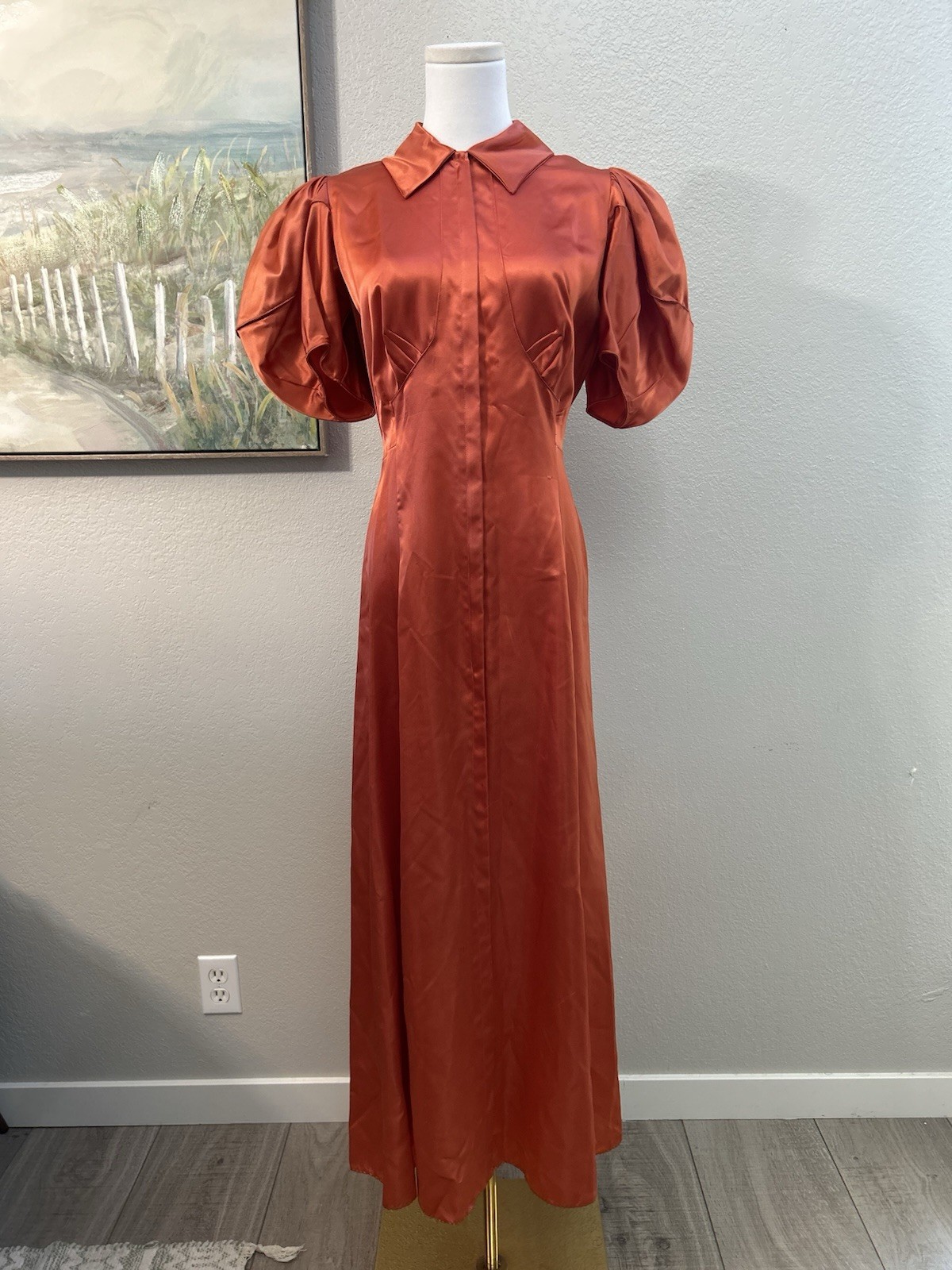 Vintage 1930’s Burnt Orange Satin Puff Sleeves Maxi Dress Dramatic XS/S