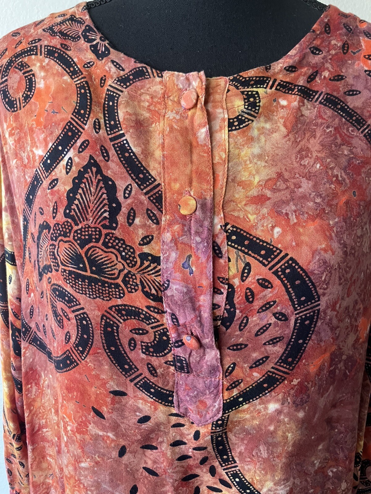 Vintage 70s Lady Cactus Batik Print Tie Dye Caftan/Maxi Dress Boho Festival L/XL