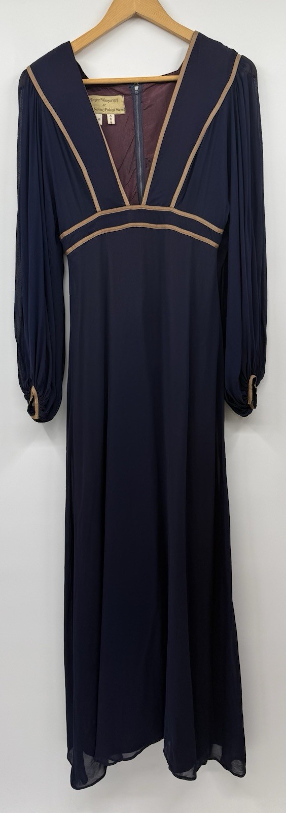 Janice Wainwright Vintage Empire Waist Blue Silk Gown 70s Edwardian SZ 12 *RARE*
