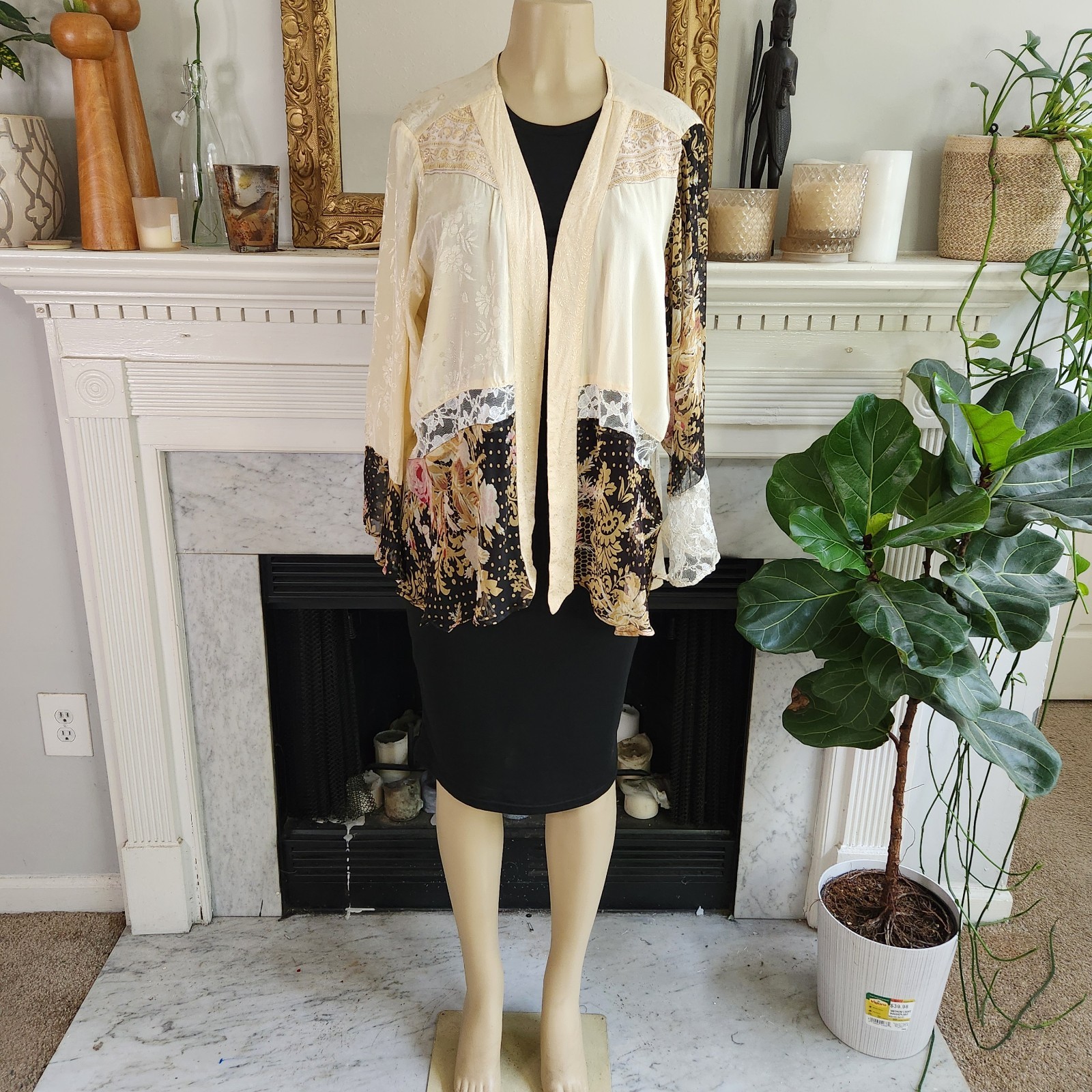 Vtg 80s Beige Patchwork Cardigan Sz 1X Jacket Jacquard Floral Boho Hippy Lace
