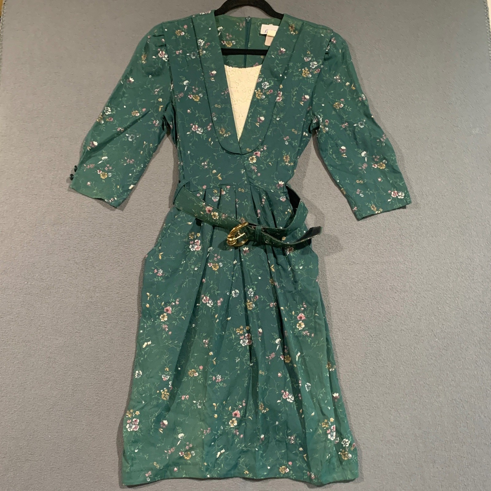 S.L. Petites Vintage 80s Floral Midi Dress Dark Green Lace Inset Belted Size 8P