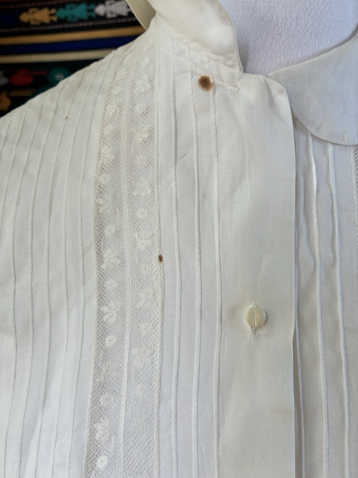 Vintage Handmade 40s White Pintuck Lace Button Up Blouse Top Size M