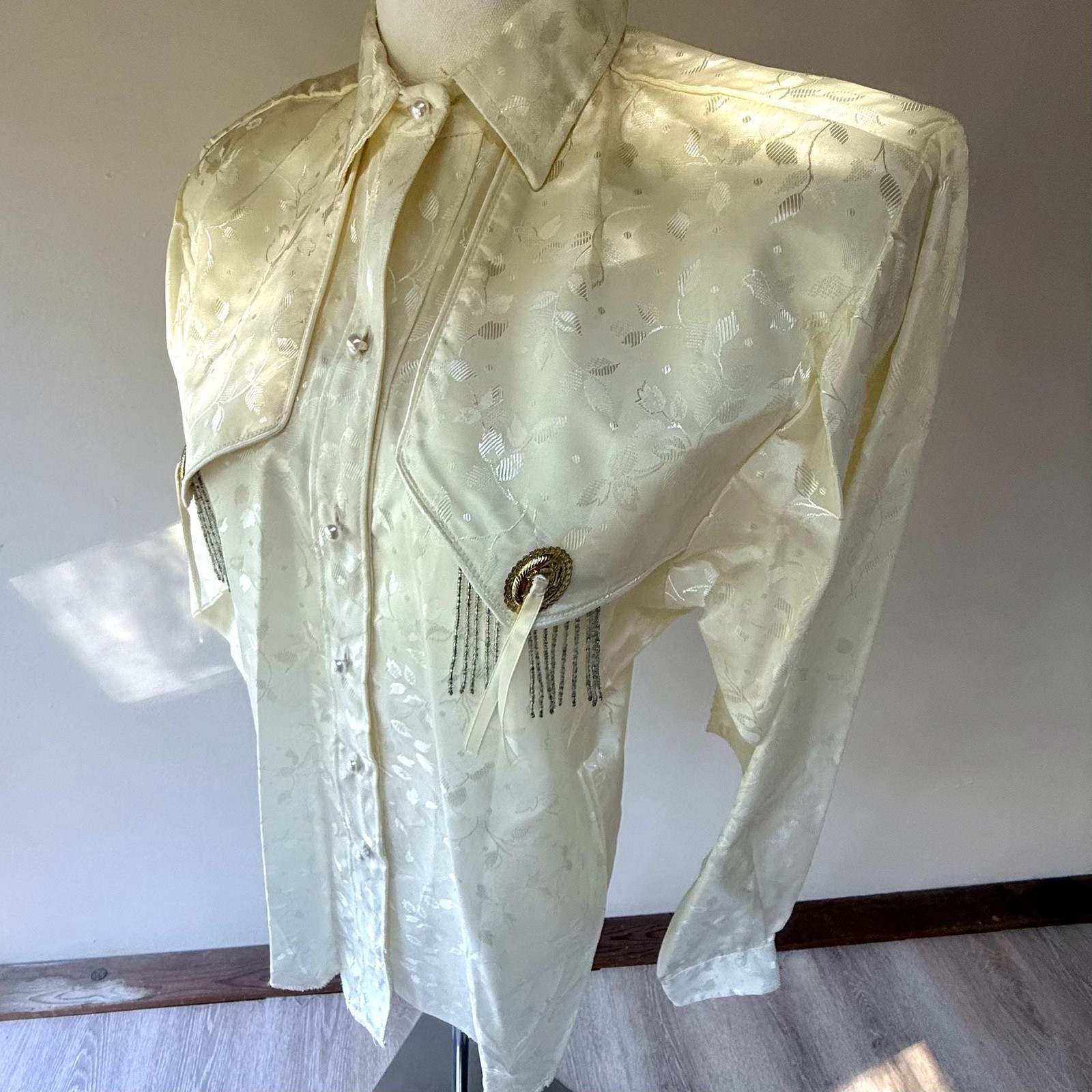 Vintage Ivory Damask Western Button Up Shirt with Beaded Fringe
